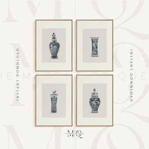 Conjunto de cuatro impresiones de jarrones chinos franceses, arte vintage, decoración de pared de granja vintage, fotografía de obras de arte de porcelana, póster, macetas n.º 891011