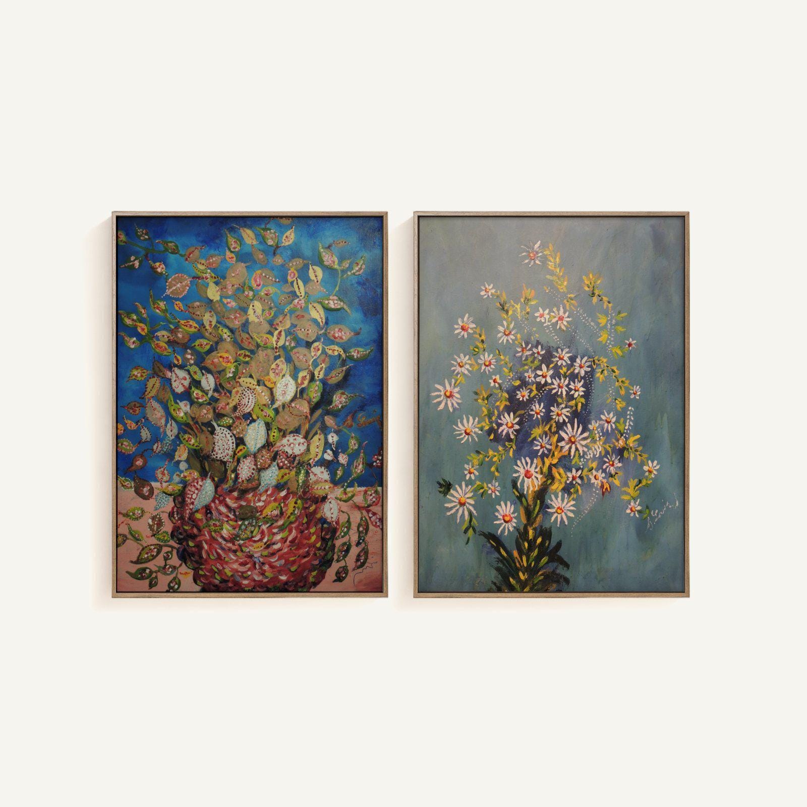 セラフィーヌ・ド・サンリスの版画2枚セット｜デイジーの絵画、葉の