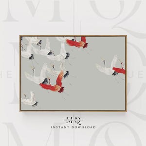 Graue Furisode mit unzähligen fliegenden Kranichen | Vintage Kunst Druck, Wand Kunst Poster, Vogel Malerei, Japanisches Kunstwerk, Modernes Dekor