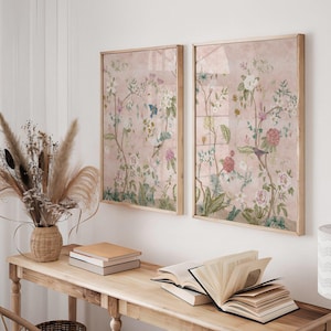 Set of Two Pink Chinoiserie Panel with Birds & Flowers Print | Vintage Japanese Tapestry Wall Art, Poster, Asian Silk Textile Illustration