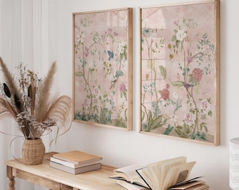 Set of Two Pink Chinoiserie Panel with Birds & Flowers Print | Vintage Japanese Tapestry Wall Art, Poster, Asian Silk Textile Illustration