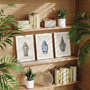 Set of 3 Chinoiserie Pot Watercolour Prints No.127, Three Piece Oriental Vase Posters, Chinese Wall Art, French Pottery Painting Home Decor