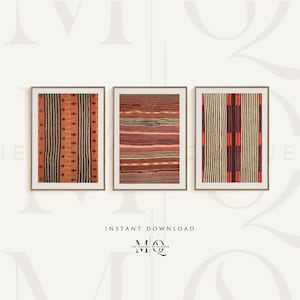 May include: Three framed prints with abstract geometric patterns in shades of red, orange, black, and white. The prints are arranged in a row, with the leftmost print featuring a repeating pattern of crosses and stripes, the middle print featuring a striped pattern, and the rightmost print featuring a pattern of stripes and squares.