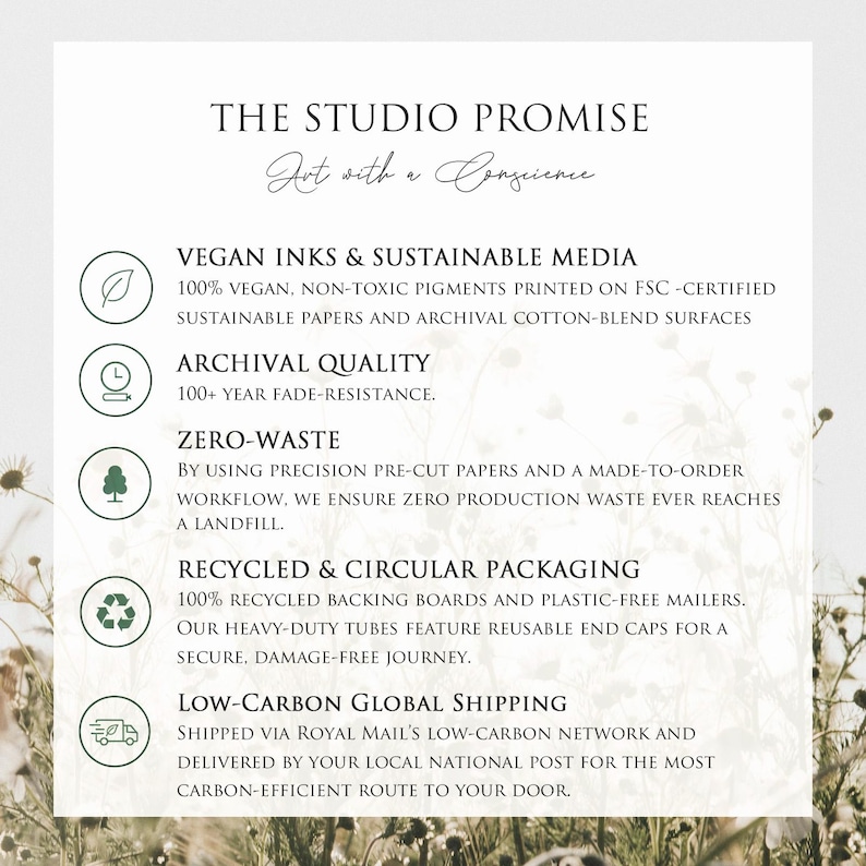 The image is a promotional poster for a company called "The Studio Promise", which emphasizes their commitment to sustainability and ethical practices.