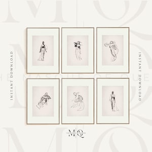 May include: Set of six black and white line drawings of women in various poses. The drawings are framed in gold frames and displayed on a white background.