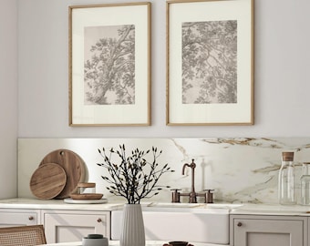 Set of 2 Tree Study Drawing Prints No2 | Two Piece Etching Set, Vintage Forest Landscape Wall Art, Branch Drawing Artwork, Nature Home Decor