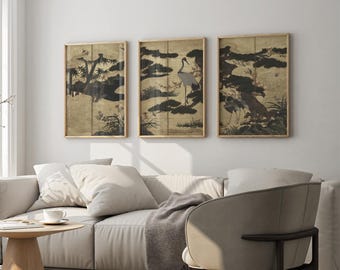 日本の風景画3枚セット｜四季の花鳥画ポスター、屏風壁アート三連画