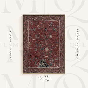 May include: A framed print of a vintage floral patterned rug with a red background and intricate details in shades of blue, green, and white.