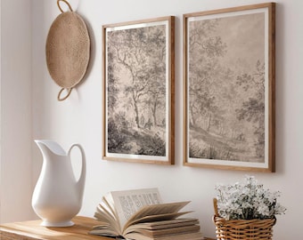 Set of 2 Tree Study Prints | Two Jan Both Tree Sketch Drawings, Vintage Botanical Landscape Wall Art, Rustic Forest Artwork Home Decor