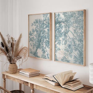 Set of 2 Tree Study Drawing Prints | Two Piece Tree Sketch Set, Teal Blue Botanical Landscape Wall Art, Forest Drawing Artwork Home Decor