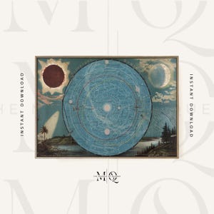 May include: A vintage-style framed print of the planetary system, featuring a central blue circle with celestial bodies and constellations. The print includes illustrations of the sun, moon, and landscape elements. Text on the print reads "Instant Download" and "The Masque of Queens."