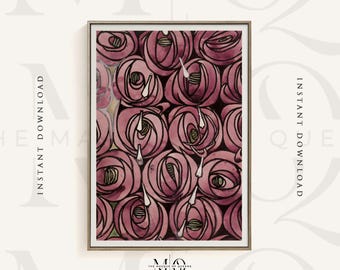 Charles Rennie Mackintosh Rose & Teardrop | Vintage Floral Art Nouveau Print, Watercolour Gouache Drawing Wall Art, Pink Poster, Home Decor