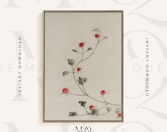 Könnte beinhalten: Ein digitaler Kunstdruck eines Aquarells mit einem zarten Zweig mit roten Beeren und grünen Blättern auf einem hellbeigen Hintergrund. Der Druck ist in einem goldenen Rahmen gerahmt.