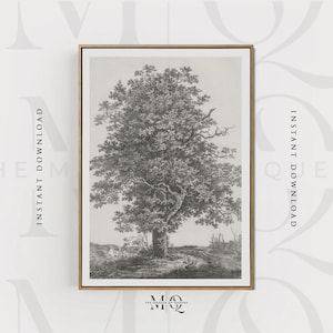 May include: A framed black and white print of a large tree with detailed foliage. The artwork is a vintage-style illustration, set against a light background. The frame is a warm, natural wood tone. Text on the sides reads "INSTANT DOWNLOAD".