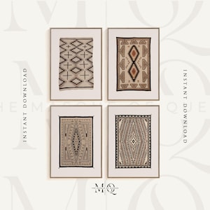 May include: Set of four printable art prints featuring Native American rug designs. The prints are in black, white, and brown tones and feature geometric patterns. The prints are framed in gold.