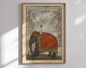 An Elephant with a Red Saddle Cloth and a Mahout | Indian Culture Painting, Vintage Mazhar Ali Khan Print Persian Wall Art Mughal Poster