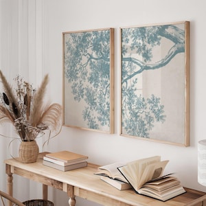 Set of 2 Blue Tree Branch Prints | Two Jacob van Strij Posters, Minimal Botanical Wall Art, Cool Tone Drawing, Ink Wash Artwork Home Decor