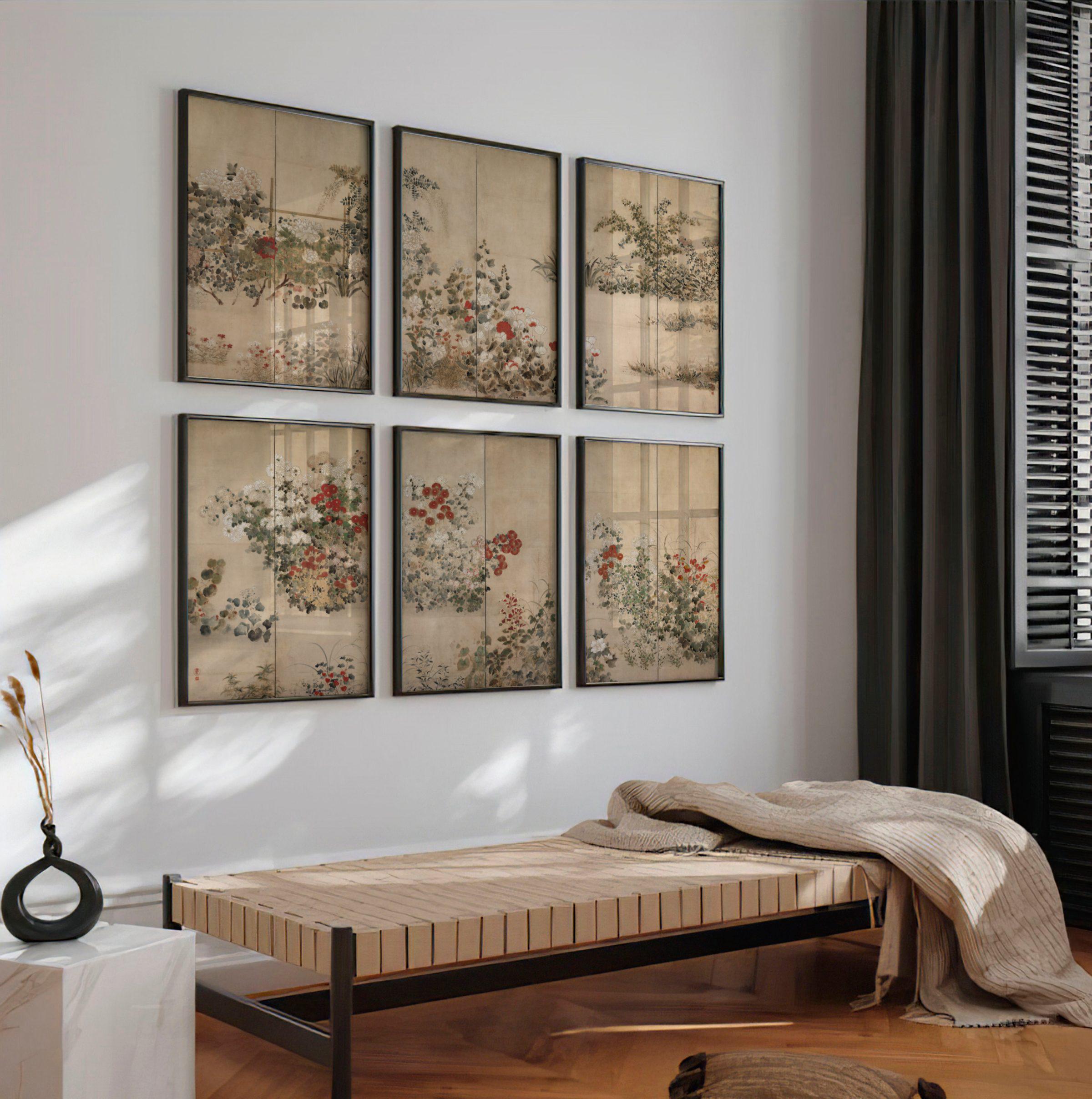 Set of 6 Flowers and Grasses Prints | Six Panel Japanese Triptych