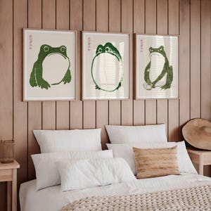 Set of 3 Matsumoto Hoji Frog Prints | Three Japanese Toad Poster, Trending Wall Art, Japandi Animal Artwork, Green or Black Home Decor