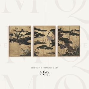 May include: Set of three framed art prints featuring Japanese-style illustrations. Each print showcases a gold background with black and green trees, cranes, and other natural elements. The text "INSTANT DOWNLOAD" is visible.