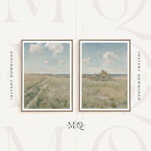 Può includere: Due dipinti di paesaggio incorniciati con un cielo blu, nuvole bianche ed erba verde. I dipinti sono in una cornice di legno chiaro e sono appesi a una parete bianca.