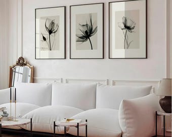Set of 3 Vintage Flower Photography Prints | Three Botanical Posters, Homely Wall Art, Neutral Tone Artwork, Home Decor Xray No1-2-13
