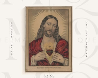 Sacred Heart of Jesus Sacre Coeur de Jesus No2 Print | Antique Catholic Devotional Print, Our Lord Wall Art Poster, Religious Artwork