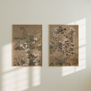 Conjunto de 2 impressões de Ogata Korin | Dois importantes objetos de arte Plantas floridas em pôsteres de outono, arte de parede de desenho a tinta japonesa vintage Paisagem