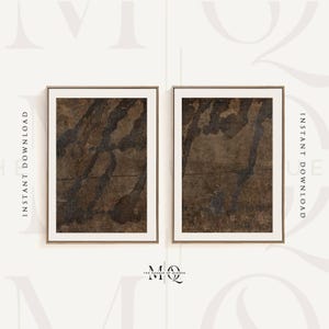 May include: Two framed abstract art prints in a brown and black colour scheme. The prints are in a minimalist style and feature a textured, organic design.