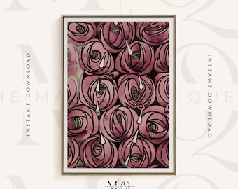 Charles Rennie Mackintosh Rose & Teardrop | Vintage Floral Art Nouveau Print, Watercolour Gouache Drawing Wall Art, Pink Poster, Home Decor
