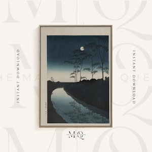 May include: A black and white woodblock print of a moonlit river scene. The river winds through a landscape of trees and hills. The moon is a bright white circle in the sky.
