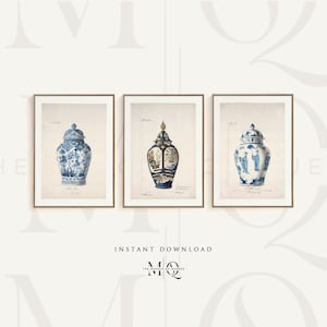 Juego de 3 impresiones de acuarela de jarrones estilo chinoiserie, pósters de jarrones orientales de tres piezas en gris azulado, arte mural asiático, cerámica francesa, decoración antigua para el hogar