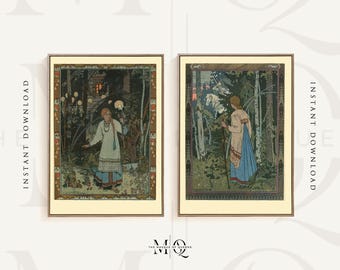 Ivan Bilibin Print Set Vasilisa At The Hut of Baba Yaga | Vintage Fairy Tale Illustration Print Polish Folklore Fine Art Wall Poster Picture