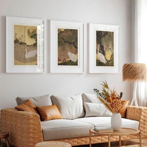 Set van 3 prints met zwanen en wilgen | Antieke Oost-Aziatische vogelkunst aan de muur, vintage chinoiserie-drieluikposter, rustig natuurkunstwerk