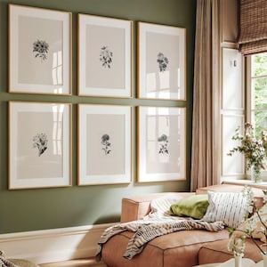 Set of 6 Vintage Flower Drawing Prints | Six Black & White Botanical Drawing Posters, Grey Wall Art, Artwork Picture, Home Decor BHLB 1-6