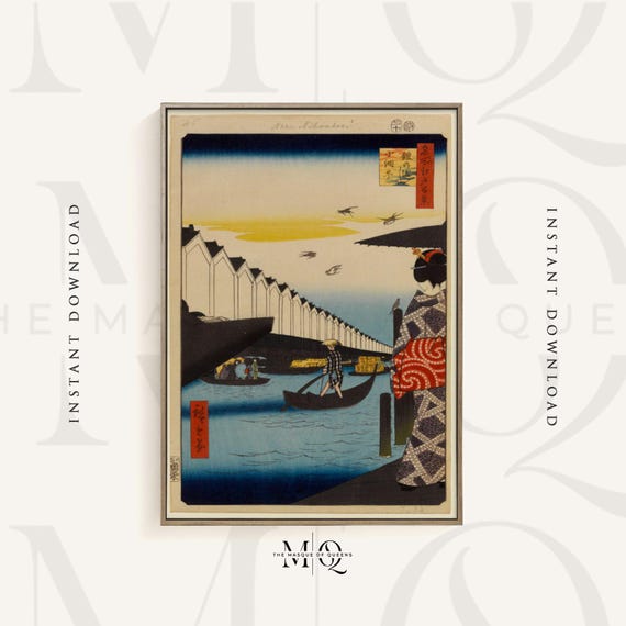 歌川広重の鎧渡し、小網町 | ヴィンテージ版画「江戸百景」木版画、広