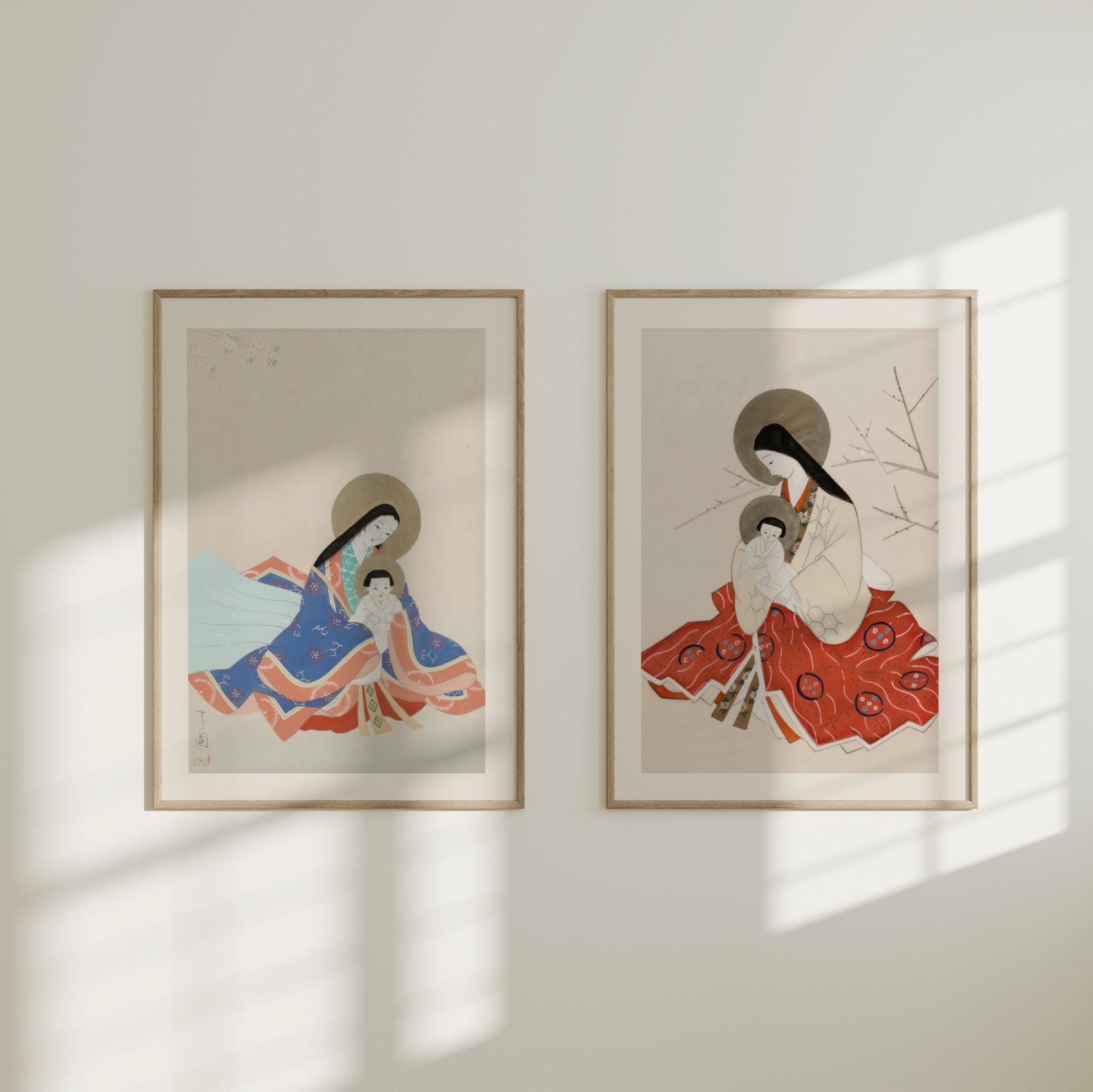 聖母マリアとキリストの幼子の版画 2 枚 | 日本のカトリックのポスター