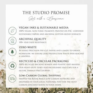 The image is a promotional poster for a company called "The Studio Promise", which emphasizes their commitment to sustainability and ethical practices.