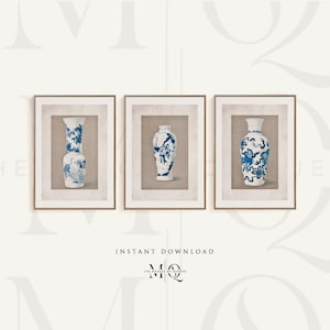 3er Set Blau-Weiße Vasen-Drucke, 3 Tiger-Drachen Design Becher Poster, Asiatische Haushaltswaren Wandkunst, Vintage Homeware Laternen-Zeichnung LP02