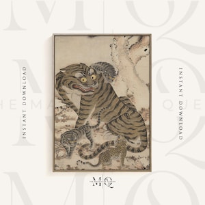 May include: A vintage-style illustration of a tiger and three cubs. The tiger is depicted in a light brown and black striped pattern, with a fierce expression. The cubs are smaller and have a more playful appearance. The background is a light beige color with a faded tree trunk in the upper right corner.