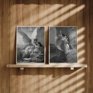 Lot de 2 estampes Mihaly von Zichy, ensemble d&#39;affiches en deux pièces, rencontre romantique (le démon) Lucifer et Tamara, oeuvre d&#39;art murale fine, image, décoration d&#39;intérieur