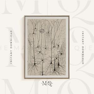May include: A framed print featuring a detailed scientific illustration of neurons. The artwork, in shades of beige and black, showcases the intricate structure of brain cells, labeled with letters. The words "INSTANT DOWNLOAD" are printed vertically on the left and right sides.