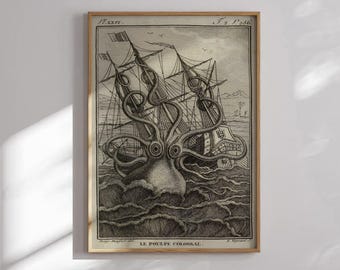 Le Poulpe Colossal | Antique Octopus Painting, Vintage Giant Squid Print, Kraken Home Decor, Sea Monster Wall Art Poster Picture