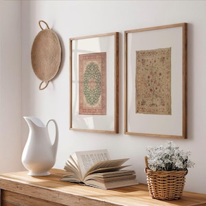 Set of Two Embroidered Silk Textile Prints | Indian Art, Vintage Palampore Fabric Pattern, Wool Rug Wall Poster, 2 Bohemian Artwork No3-5