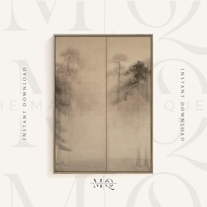 Puede incluir: Una impresión de arte digital de una pintura de estilo japonés que representa una escena de bosque brumoso con árboles y un fondo marrón claro. La impresión está enmarcada en un marco marrón claro.