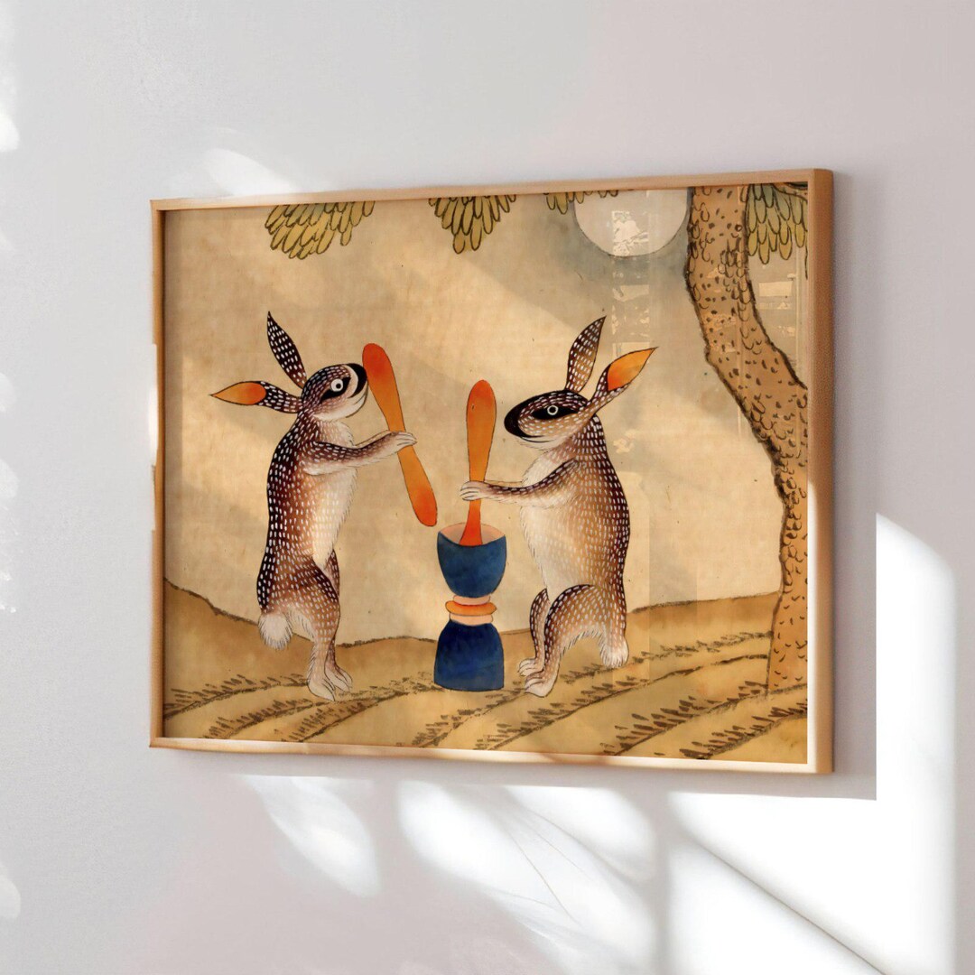 Minhwa Bunny of Immortality Staring at the Moon | Korean Mythology