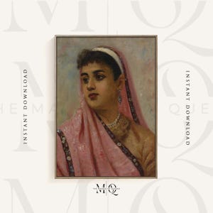 Pode incluir: Uma pintura de uma mulher usando um lenço rosa na cabeça com uma faixa branca. Ela está usando um colar de pérolas e brincos. A pintura é feita em um estilo realista.