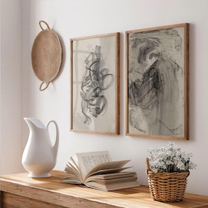 Set of 2 Carel Adolph Lion Cachet Studie Prints | Abstract Charcoal Sketch, Vintage Drawing Print, Minimal Scribble Wall Art Poster, Artwork