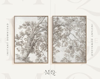 Set of 2 Tree Study Drawing Prints | Two Piece Tree Sketch Set, Vintage Botanical Landscape Fine Wall Art, Branch Drawing Artwork Home Decor