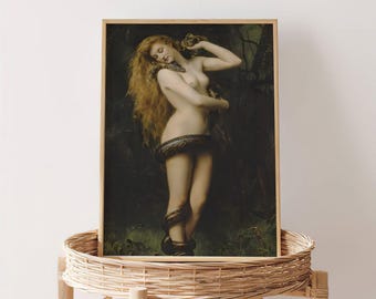 John Collier Lilith | Vintage Pre-Raphaelite Oil Painting, Judaic Print, Jewish Mythology, She Devil Fine Art, Demon Poster, Wall Hanging